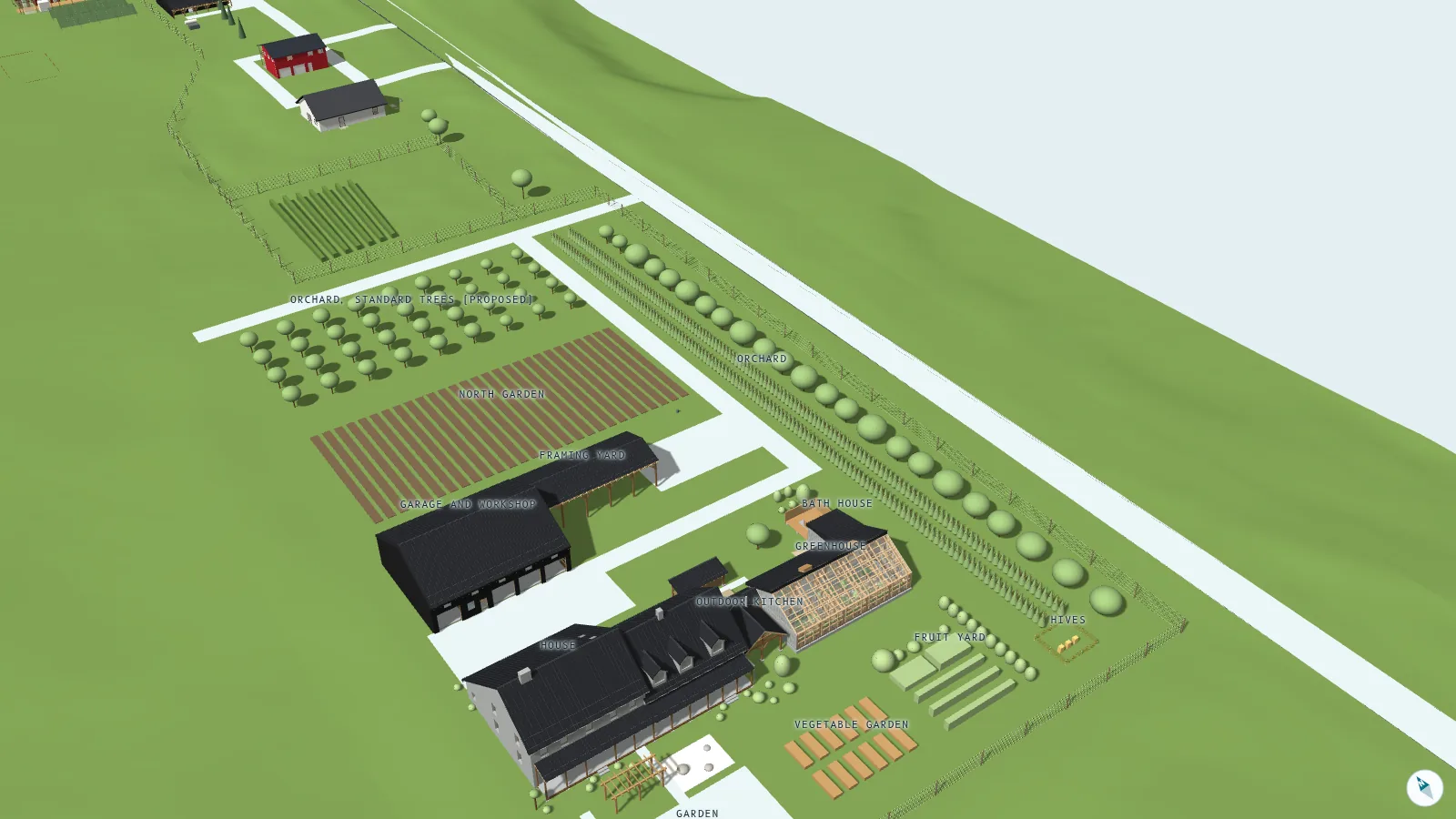 The homestead site in 3D from the south-west: the house, the workshop, the greenhouse with its bath house, the outdoor kitchen, the walkway and its woodshed, bunkers, the hub, the starter (existing house) and the garage (existing) as their timber frames