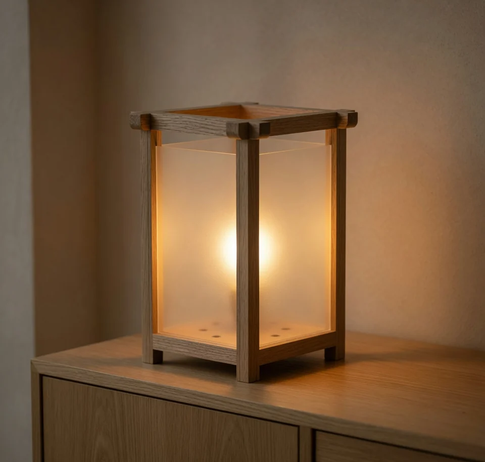 A square oak lantern lit from inside: four slim posts, a lapped cap overhanging the corners, plain frosted panels.