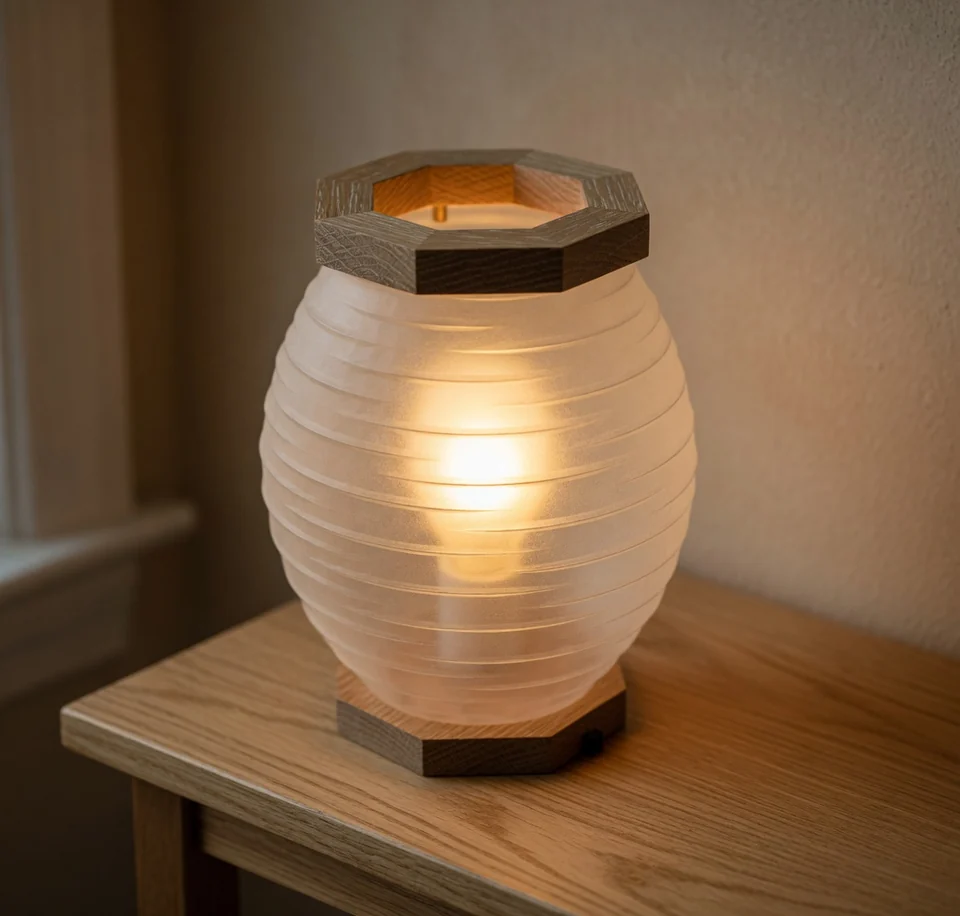 A barrel-shaped frosted lantern between an octagonal oak base and an open octagonal oak cap, lit warm.