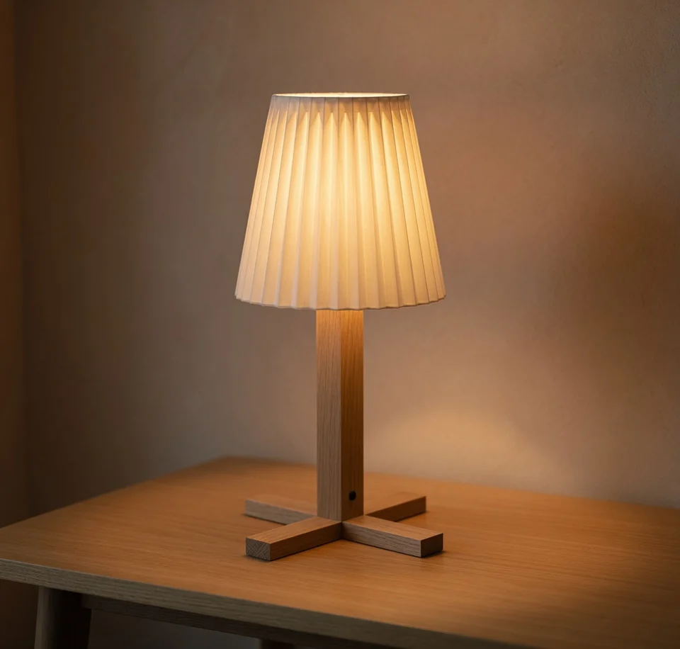A table lamp with a pleated translucent shade on a square oak post and a cross-shaped oak foot.
