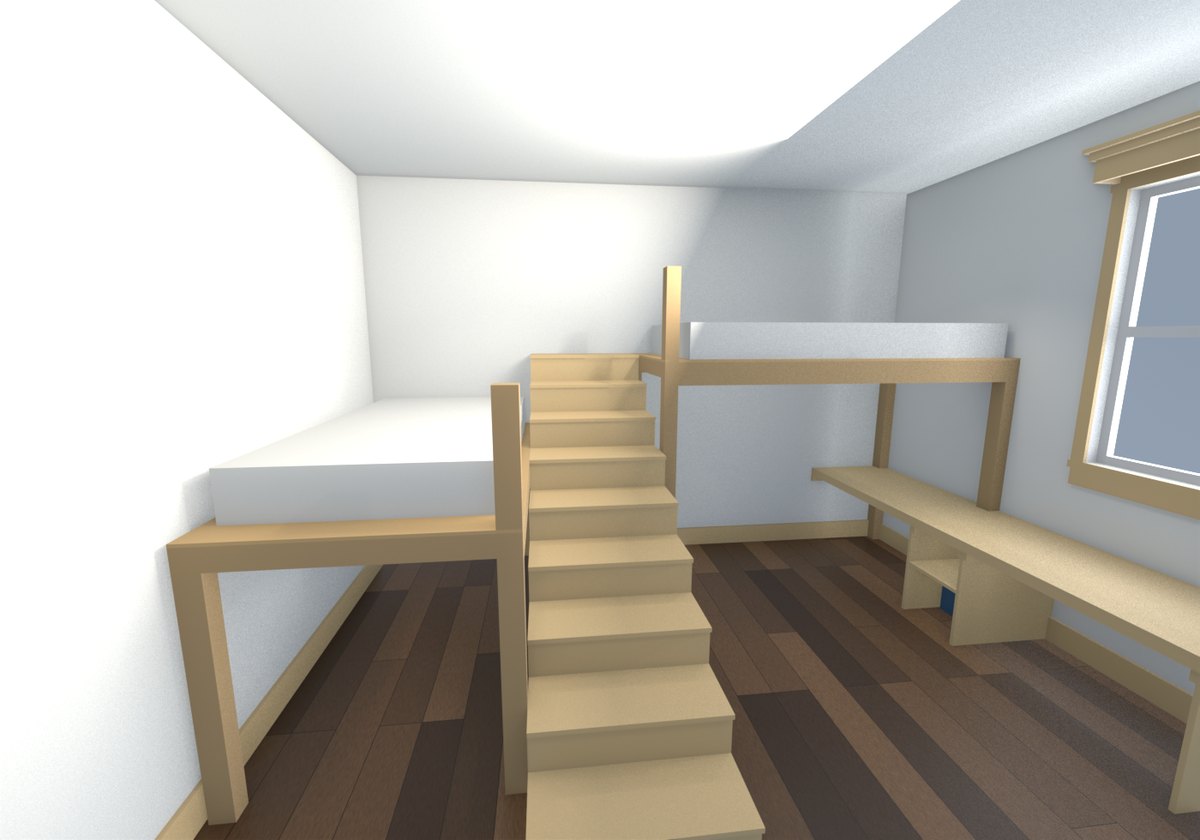 Both loft beds seen from the east, the storage stair between them