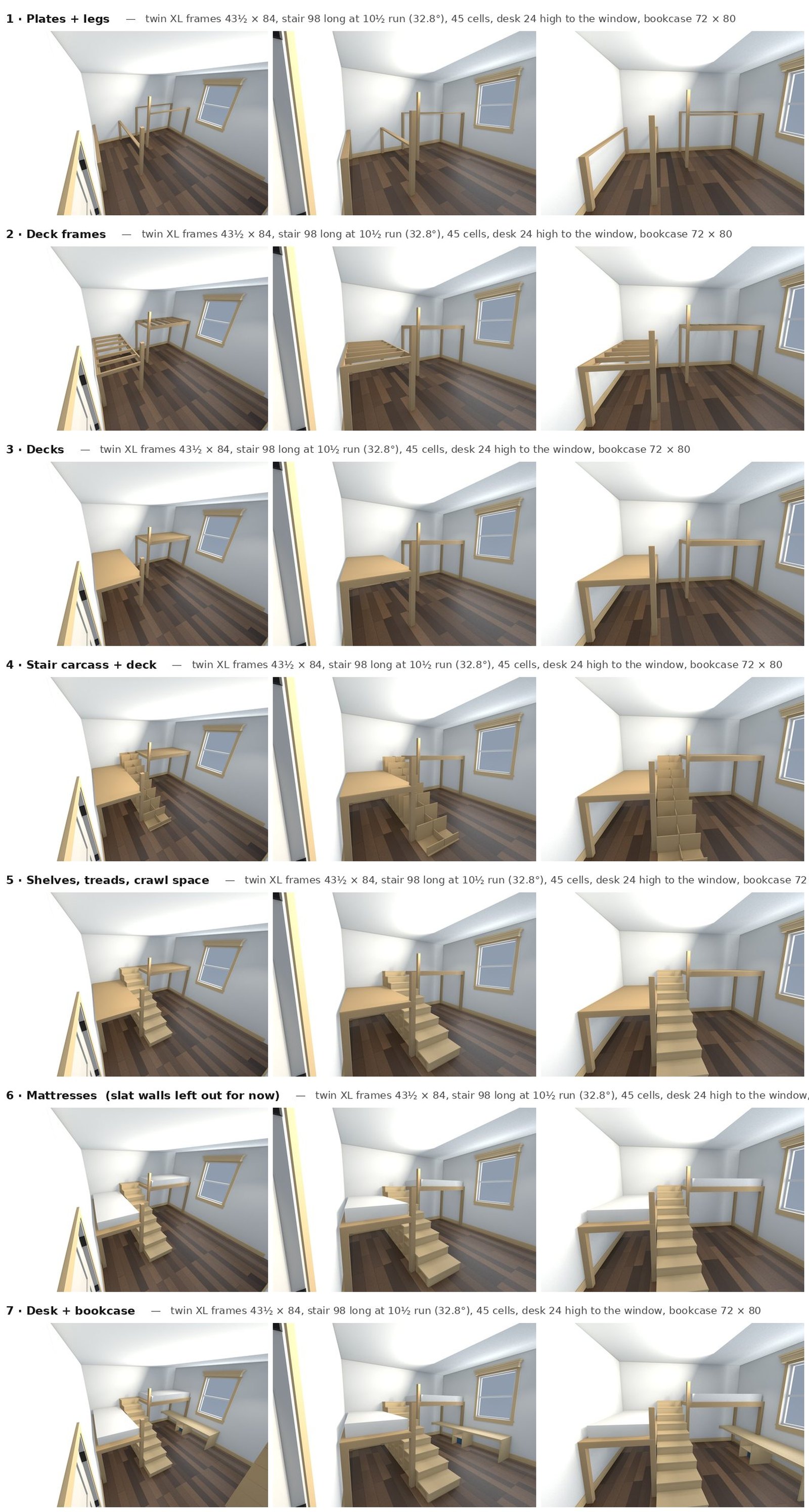 Seven renders in sequence: corner posts, deck frames, decks, the stair carcass, the stair fitted out, and the desk and bookcase