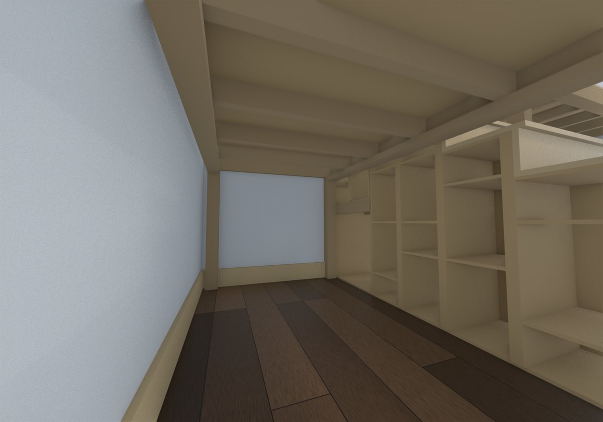 Inside the space under the lower loft, looking at the open cubbies in the stair's side