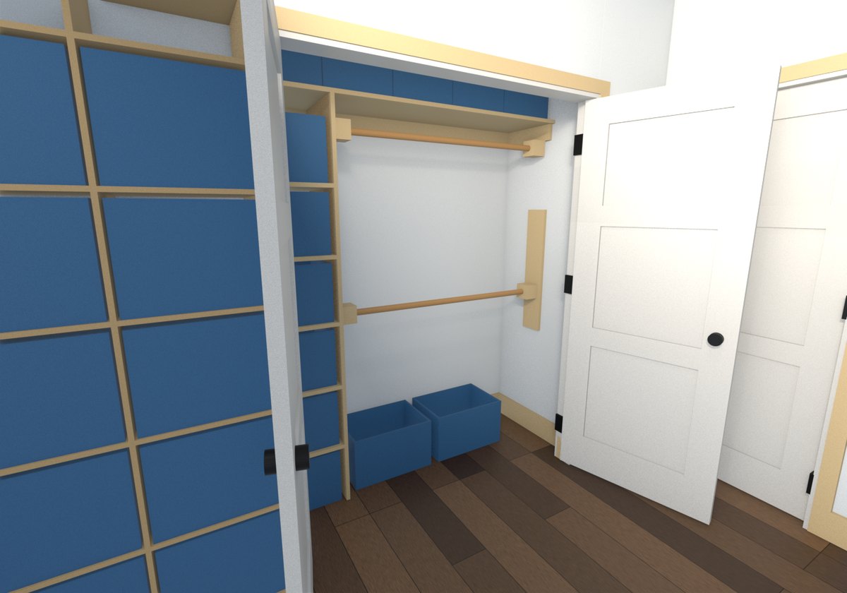 The closet with its French doors open into the room: a column of crates at one end, two rods, two floor crates, a top shelf