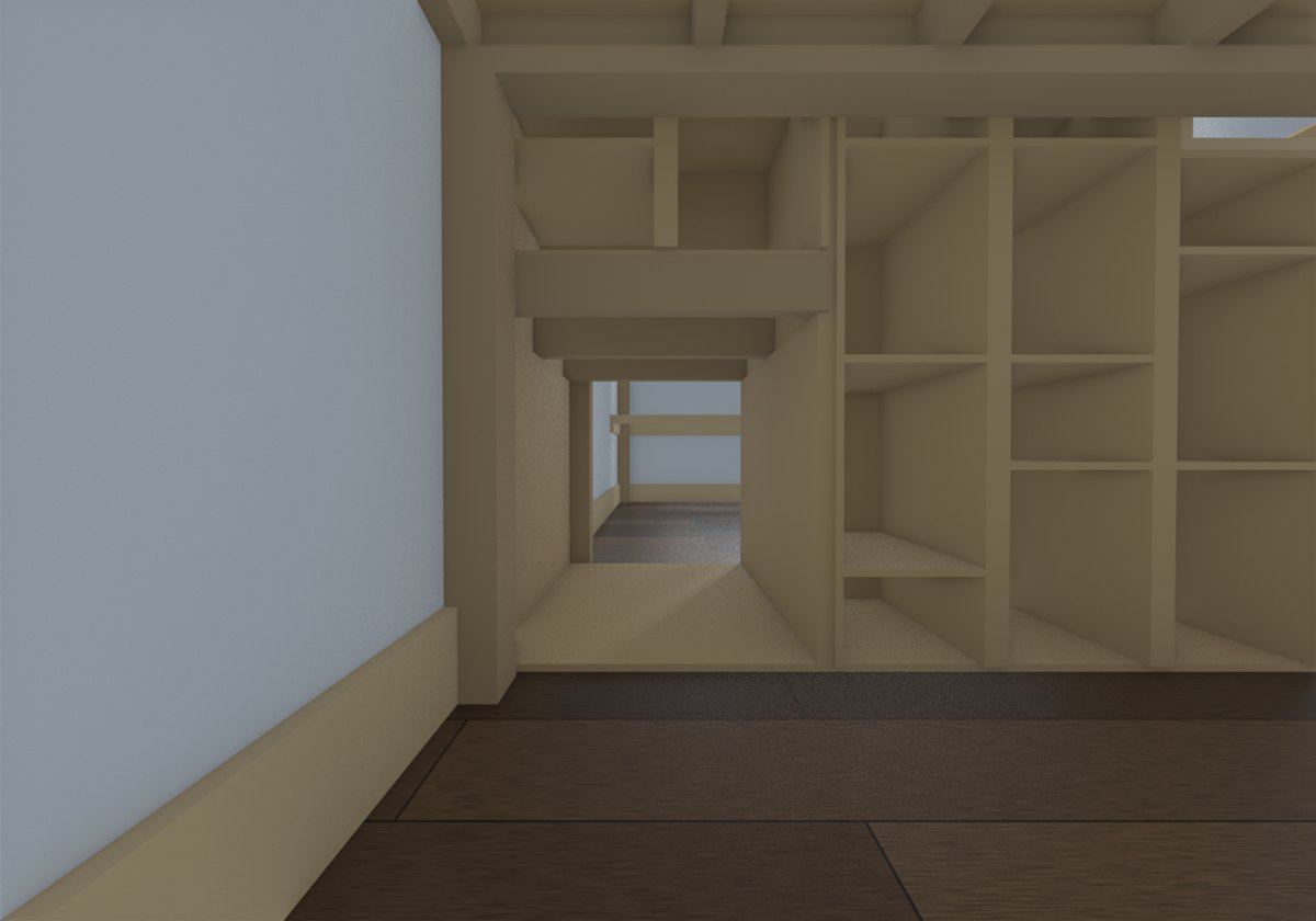 Looking through the crawl space under the stair from the cave under one bed into the nook under the other