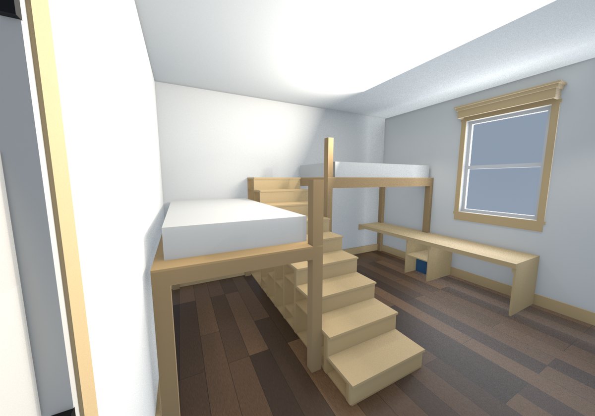 Rendering of the finished room from the doorway: the lower loft on the left, the storage stair in the centre, the upper loft on the right, walls in Aesthetic White