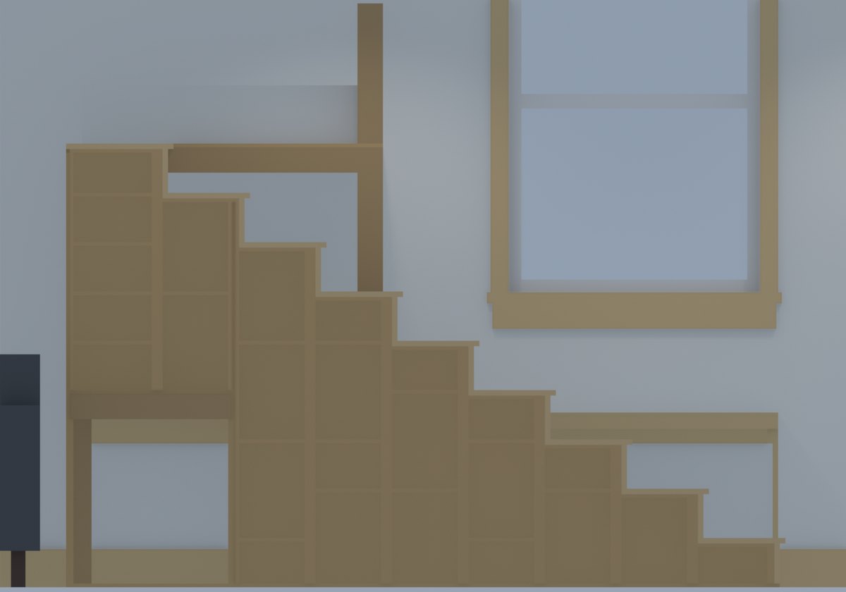 Orthographic elevation of the storage stair: a triangle of open cubbies of varying height, the crawl space at the bottom left
