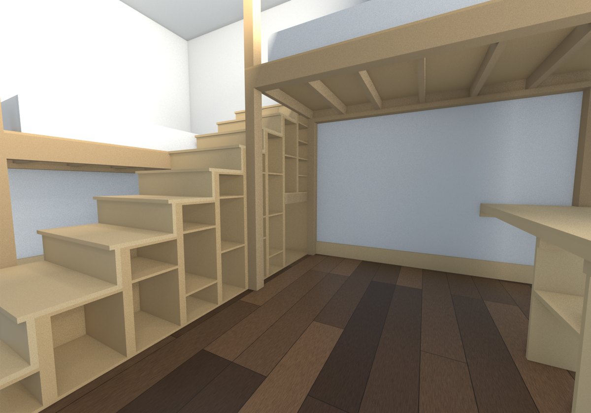 Under the upper loft: the north face of the stair, a lattice of cubbies of varying height
