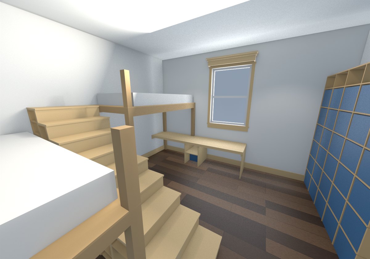 The whole room from the south-east corner: both loft beds and the stair on the left, the desk along the window wall, the bookcase down the right-hand wall