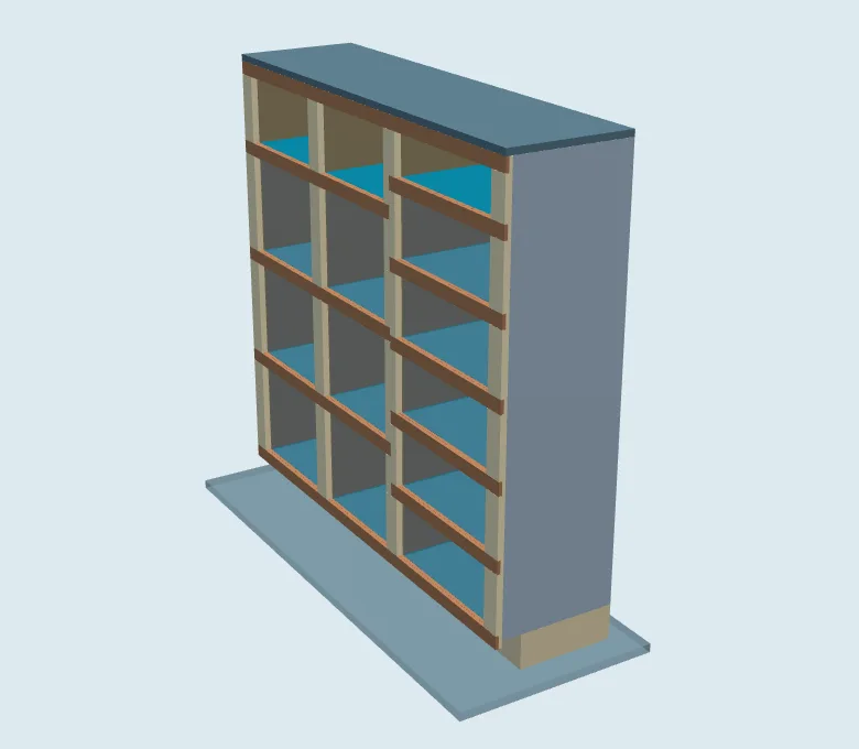 The cabinet system as its live model draws it: three plywood columns of cells, each sized to the box it holds.